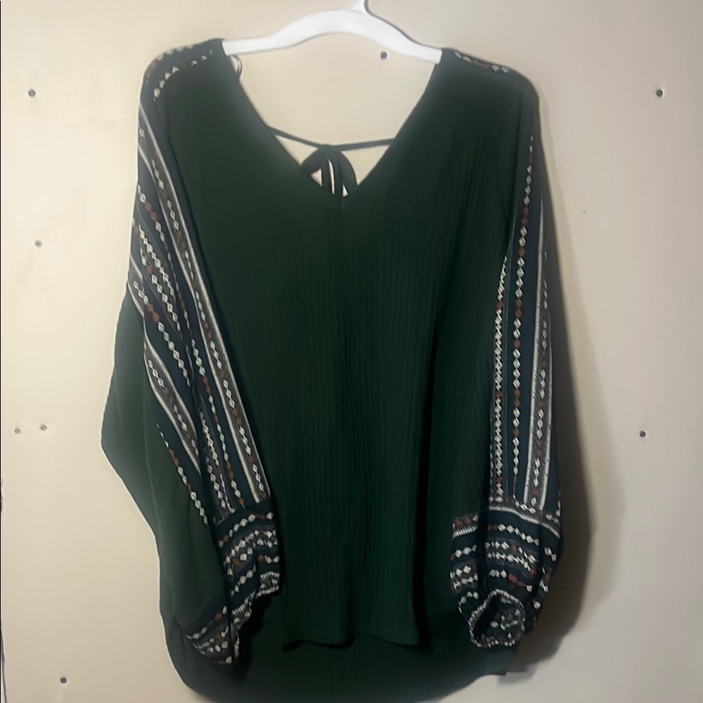 Women's Green Blouse with Patterned Sleeves - Modcloth Sz2x
